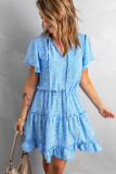 Blue Dotted Print Split Neck Flutter Sleeve Flowy Tunic Mini Dress
