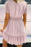 Pink Polka Dot V Neck Ruffled Short Sleeves Mini Dress