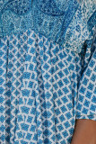 Sky Blue V Neck 3/4 Sleeve Bohemian Vintage Print Mini Dress