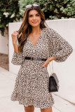 Leopard Print Bubble Sleeve Ruffled V Neck Mini Dress