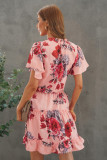 Pink Floral Print Split Neck Flutter Sleeve Flowy Tunic Mini Dress