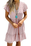 Pink Polka Dot V Neck Ruffled Short Sleeves Mini Dress