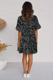 Black Leopard V Neck Ruffled Mini Dress with Buttons