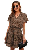 Leopard Cheetah Print Split Neck Flutter Sleeve Flowy Tunic Mini Dress