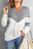 Gray Colorblock V Neck Casual Sweater