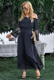 Navy Off Shoulder Embroidered Flared Sleeve Lace Maxi Dress