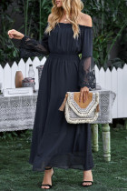 Navy Off Shoulder Embroidered Flared Sleeve Lace Maxi Dress