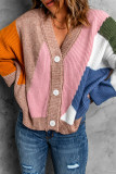 Pink Color Block Buttons Drop-Shoulder Sleeve Cardigan