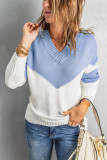 Sky Blue Colorblock V Neck Casual Sweater