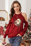 Christmas Graphic Print Cold Shoulder Long Sleeve Top