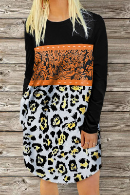 Leopard Floral Buckstitch O-Neck Mini Dress