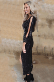 Black V Neck Split Sleeve Sequin Dress with Slit
