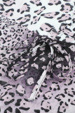 Black Leopard Buttoned Tie Waist Ruffle Puff Sleeve Mini Dress