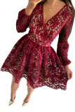 Wine Red V Neck Lace Skater Mini Dress