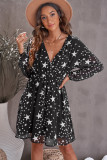 Black V Neck Star Pattern Tunic Dress