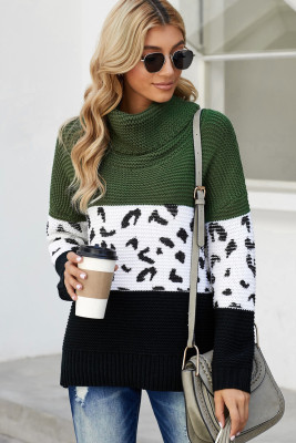 Green Turtleneck Splicing Chunky Knit Pullover Sweater