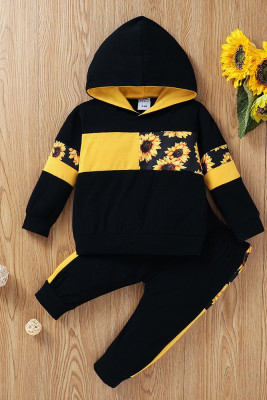 Boys Sunflower Print Patchwork Hooded Sweatshirt & Pants 2pcs Set Unishe Wholesale