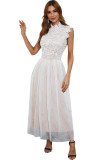 White High Neck Sleeveless Crochet Lace Mesh Lined Evening Dress