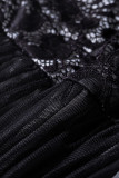 Black High Neck Sleeveless Crochet Lace Mesh Lined Evening Dress