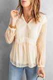 Beige V Neck Dotted Baby-doll Long Sleeve Top