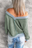 Green Waffle Knitted Loose V Neck Blouse