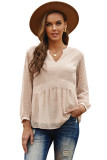 Beige V Neck Dotted Baby-doll Long Sleeve Top