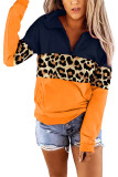 Leopard Color Block Zip Neck Pullover Sweatshirt