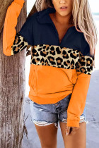 Leopard Color Block Zip Neck Pullover Sweatshirt