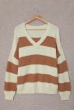 Brown Colorblock V Neck Pullover Knit Sweater