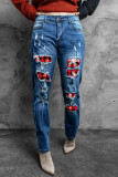 Plaid Patchwork Straight Leg Distressed Jeans