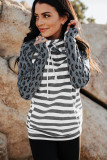 Leopard Striped Color Block Zip Pocket Pullover Hoodie