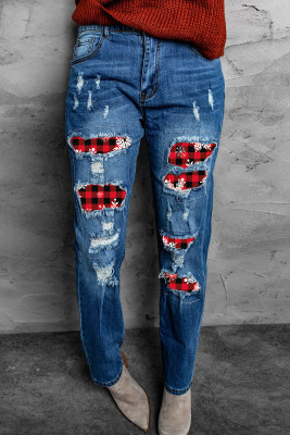 Plaid Patchwork Straight Leg Distressed Jeans