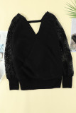 Black Sexy V Neck Surplice Hollow-out Sweater with Lace Sleeves