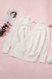 White Sexy V Neck Surplice Hollow-out Sweater with Lace Sleeves