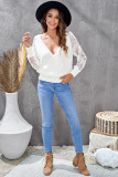 White Sexy V Neck Surplice Hollow-out Sweater with Lace Sleeves