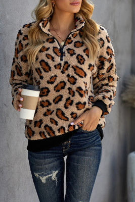 Brown Leopard 1/4 Zip Elastic Cuff Fashion Print Sherpa Pullover