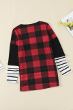 Red Plaid Splicing Striped Color Block Long Sleeve Top