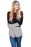 Red Plaid Splicing Striped Color Block Long Sleeve Top