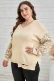 Khaki Distressed Hemline Leopard Sleeve Plus Size Sweater