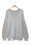 Gray Distressed Hemline Leopard Sleeve Plus Size Sweater