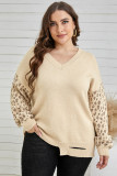 Khaki Distressed Hemline Leopard Sleeve Plus Size Sweater