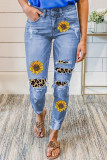 Sunflower Print Leopard Patchwork Distressed Skinny Jeans
