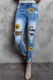 Sunflower Print Leopard Patchwork Distressed Skinny Jeans
