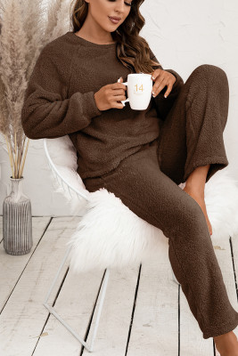 Winter Solid Fleece Long Sleeves Loungewear Two-piece Set Unishe Wholesale