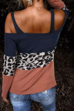 Leopard Color Block Cold Shoulder Blouse