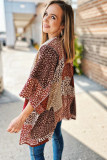 Red Leopard Color Block Kimono Sleeve Open Front Cover Up