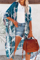 Pattern Print Open Front Kimono with Side Slit