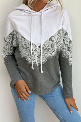 Lace Patchwork Pullover Drawstring Longsleeve Hoodie Unishe Wholesale
