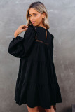 Black Crewneck Lantern Sleeve Hollow-Out Tiered Dress with Pocket
