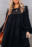 Black Crewneck Lantern Sleeve Hollow-Out Tiered Dress with Pocket